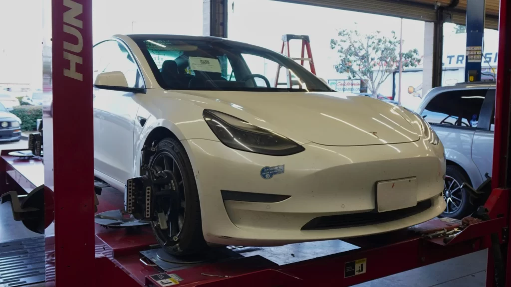Digital wheel alignment check on Tesla vehicle in Ontario CA