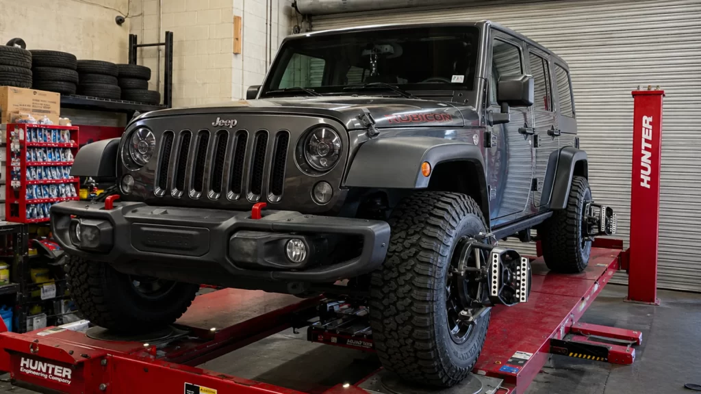 Jeep Wrangler undergoing wheel alignment inspection after suspension modifications