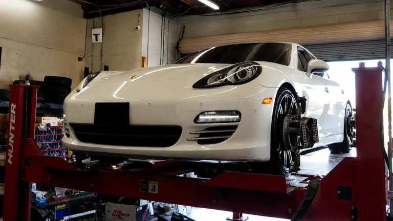 Professional wheel alignment service on a white Porsche using digital alignment equipment