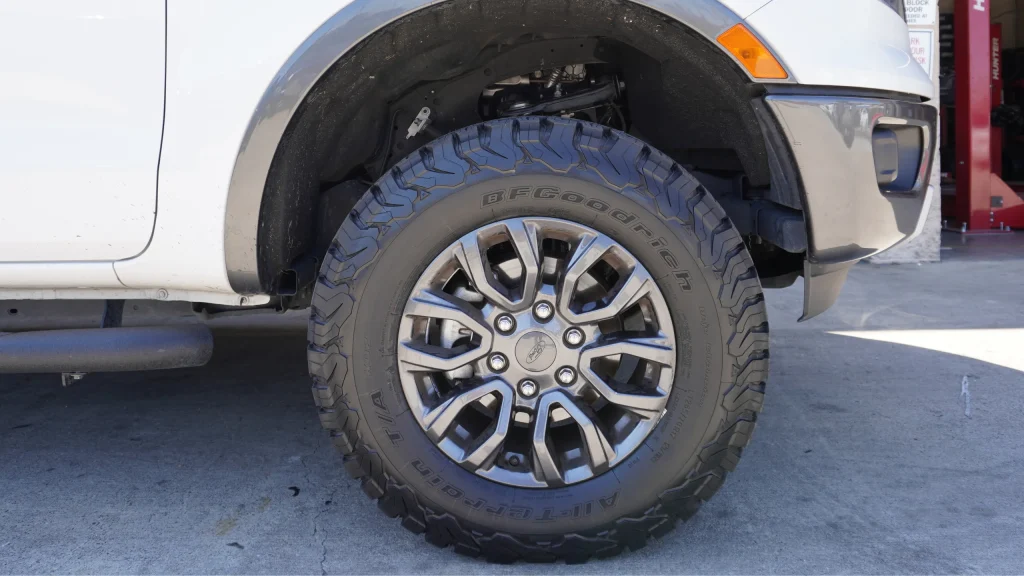Wheel and all-terrain tire on a parked SUV, where to check tire tread depth at home