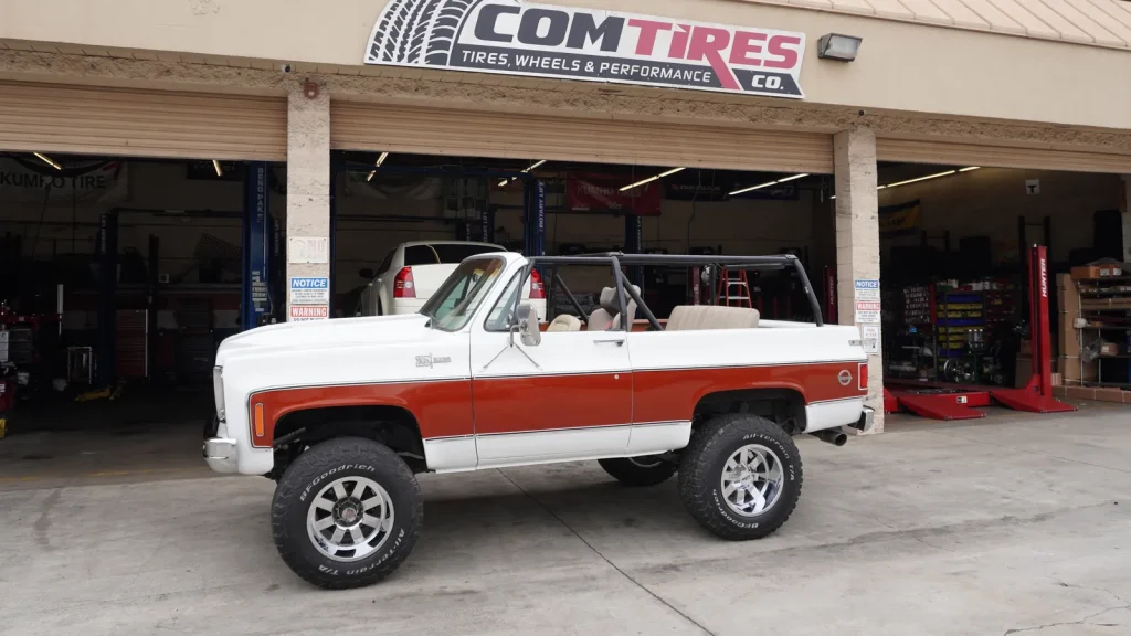 Classic Chevy Blazer parked in front of the Comtires shop on Holt Blvd in Ontario, CA
