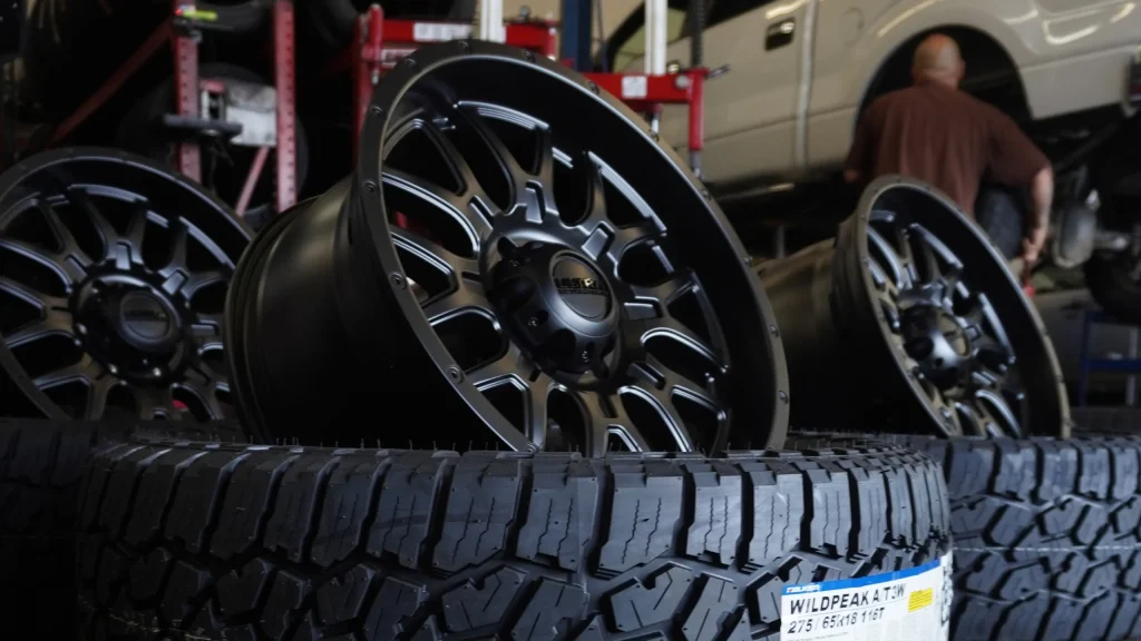 New wheels and all-terrain tires in the Comtires shop in Ontario, CA.